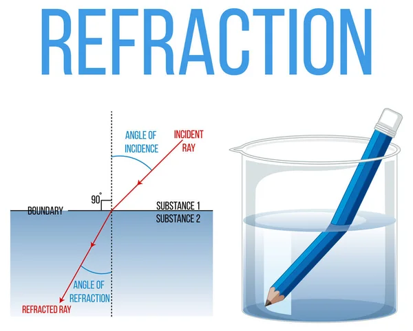 Rifrazione Esperimento Scienza Con Matita Acqua Beaker Illustrazione — Vettoriale Stock