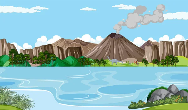 Scena Naturalistica Con Alberi Sulle Montagne Con Illustrazione Dinosauri — Vettoriale Stock