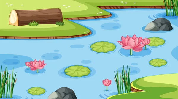 池のイラストに睡蓮と自然シーン — ストックベクタ