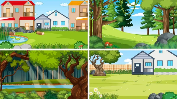 Natuur Scene Met Veel Bomen Huizen Illustratie — Stockvector