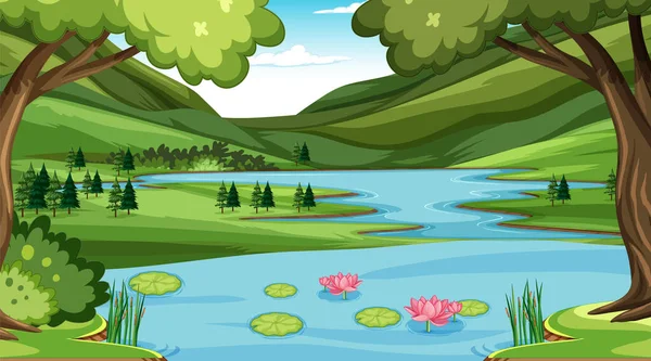 Escena Naturaleza Con Muchos Árboles Ilustración Del Río — Vector de stock