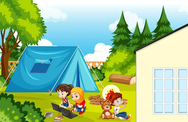 Scena Dziećmi Camping Parku Ilustracja — Wektor stockowy