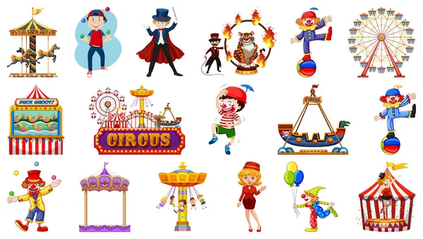 Conjunto Personajes Circo Elementos Del Parque Atracciones Ilustración — Vector de stock