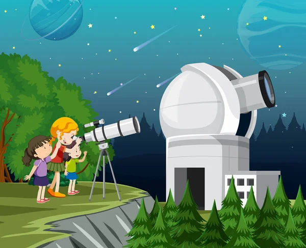 Kids Kijken Naar Planeet Met Telescoop Illustratie — Stockvector