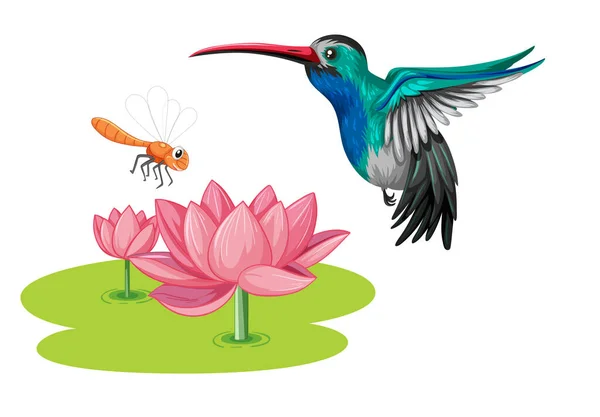 Colibri Avec Fleur Lotus Dans Illustration Style Dessin Animé — Image vectorielle