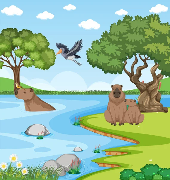 Pemandangan Hutan Belantara Dengan Ilustrasi Capybara - Stok Vektor