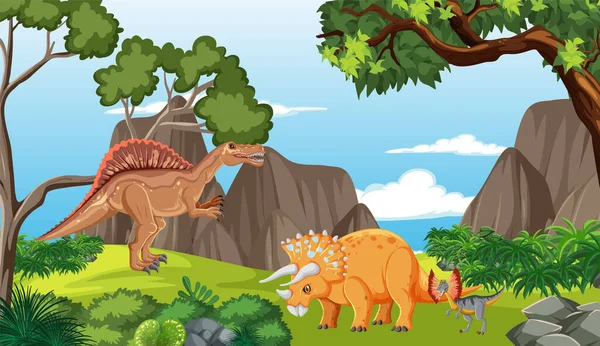 Naturscen Med Träd Berg Med Dinosaurie Illustration — Stock vektor