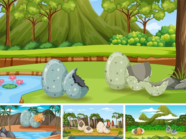Dinozor karikatürü resimli farklı tarih öncesi orman sahneleri.