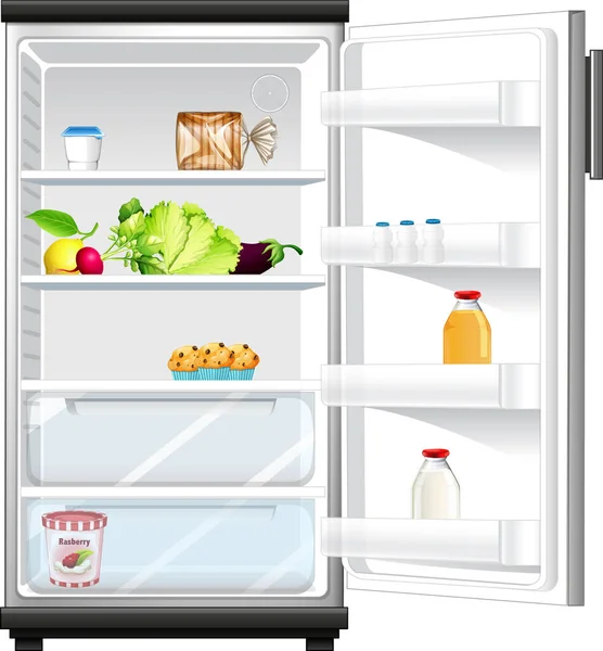 図の中の食品と冷蔵庫を開く — ストックベクタ