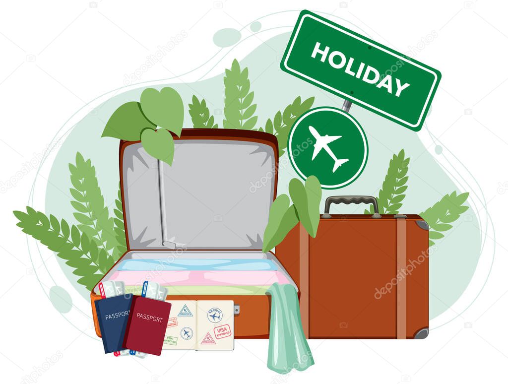 Holiday items concept with many luggages illustration