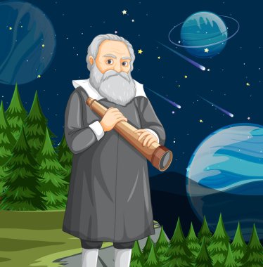 Galileo Galilei çizgi film karakteri teleskop çizimi tutuyor