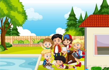 Çocuk resimli açık hava parkı sahnesi