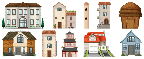 Diferentes Tipos Edificios Sobre Fondo Blanco Ilustración — Vector de stock