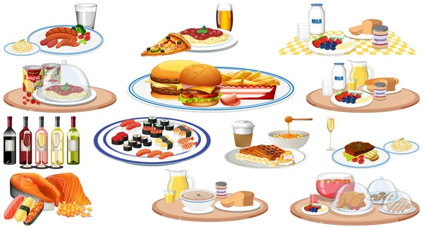 Set Van Verschillende Voedingsmiddelen Dranken Illustratie — Stockvector