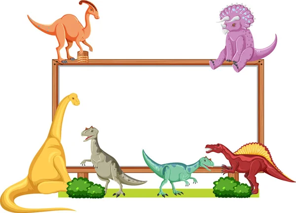 Group of dinosaurs around board on white background illustration