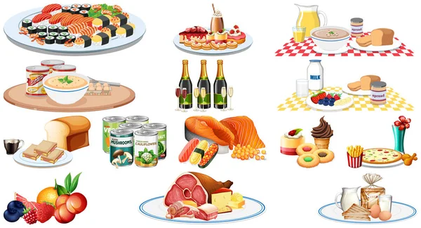 Set Van Verschillende Voedingsmiddelen Dranken Illustratie — Stockvector