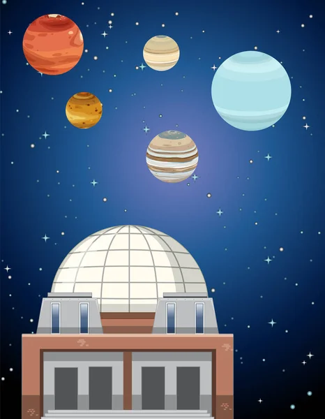Een Planetarium Met Planeet Avond Lucht Illustratie — Stockvector