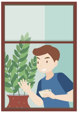 Beyaz arkaplanda kahve tutan bir adamın olduğu düz daire penceresi.