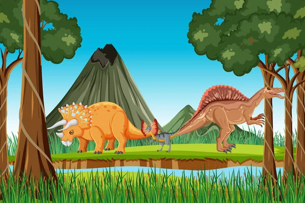 Prehistorisch Bos Met Dinosaurus Cartoon Illustratie — Stockvector