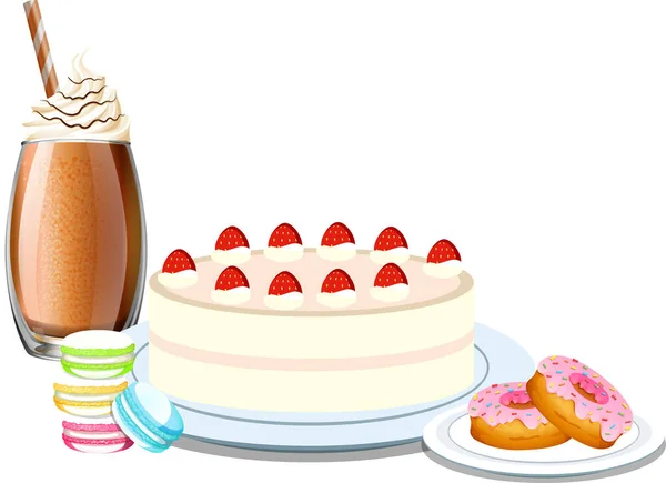 Γλυκό Επιδόρπιο Κέικ Φράουλας Και Σοκολατούχο Γάλα — Διανυσματικό Αρχείο