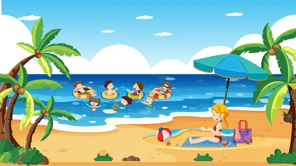 Дети Играющие Пляже Летом — стоковый вектор