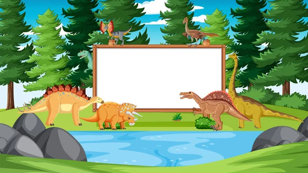 Bosque Prehistórico Con Tablero Vacío Ilustración Dinosaurios — Archivo Imágenes Vectoriales