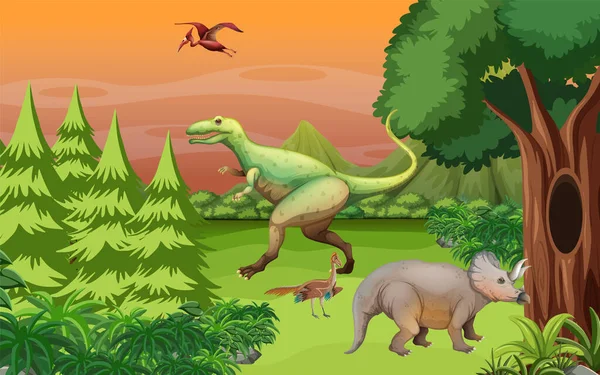 Cena Com Muitos Dinossauros Ilustração Floresta —  Vetores de Stock