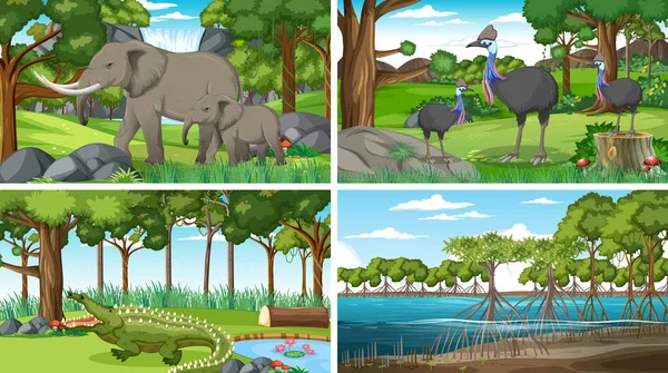 Scene Con Animali Selvatici Nella Foresta Illustrazione — Vettoriale Stock
