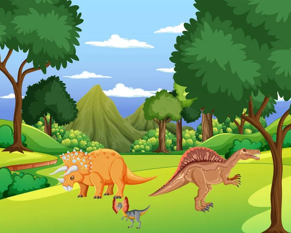 森林里有恐龙的场景 — 图库矢量图片