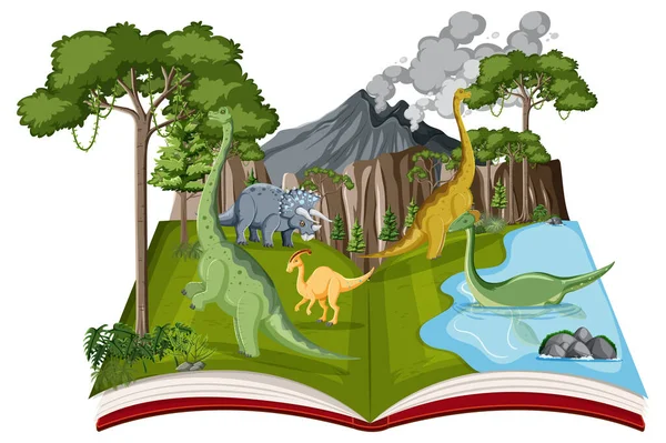 Book Scene Dinosaurus Forest Illustration — Stock Vector