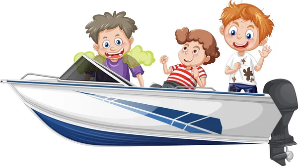 Jongen Meisje Zitten Een Speedboot Een Witte Achtergrond Illustratie — Stockvector
