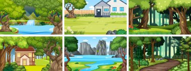 Birçok ağaç ve nehir resimli doğa sahnesi