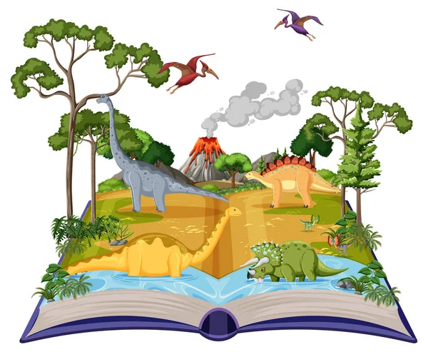 Livro Com Cena Dinossauros Ilustração Floresta —  Vetores de Stock