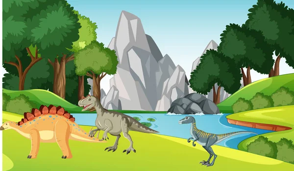 Natuur Scène Met Bomen Bergen Met Dinosaurus Illustratie — Stockvector