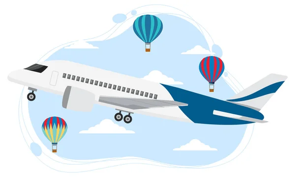 Avion Dans Ciel Avec Ballon Dans Illustration Style Plat — Image vectorielle