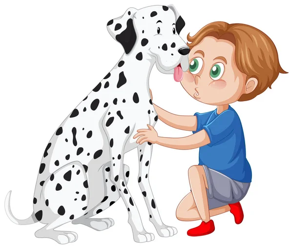 Een Gelukkige Jongen Zittend Vloer Huisdieren Hond Illustratie — Stockvector
