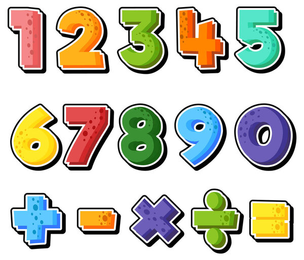 Counting number 0 to 9 and math symbols illustration