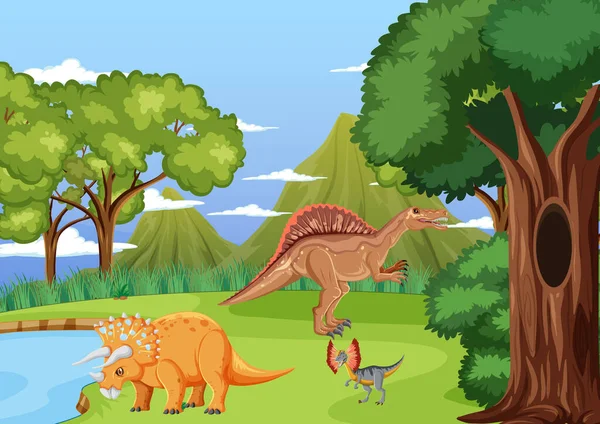 Escena Con Dinosaurios Ilustración Del Bosque — Archivo Imágenes Vectoriales