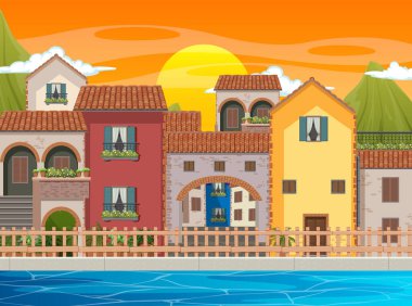 Kasaba illüstrasyonunda birçok binanın olduğu sahne