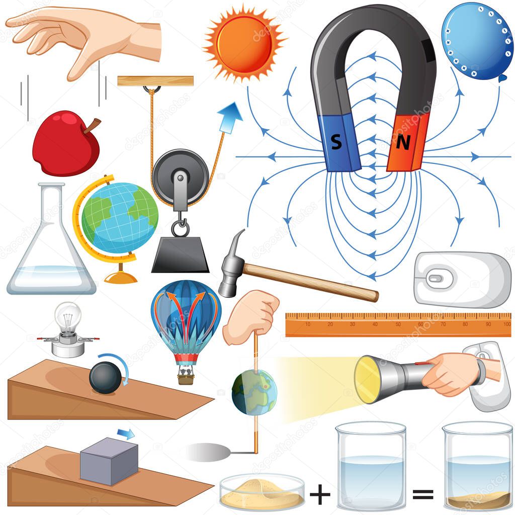 Different science equipments on white background illustration