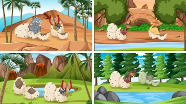 Dinozor karikatürü resimli farklı tarih öncesi orman sahneleri.