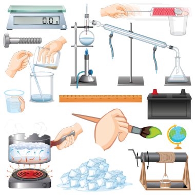 Beyaz arkaplan illüstrasyonunda birçok bilimsel donanım