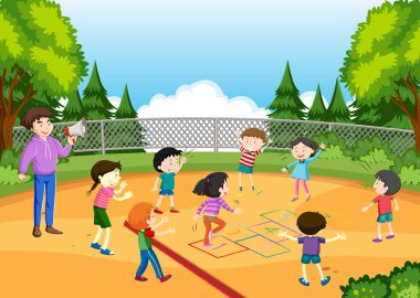 Park illüstrasyonunda seksek oynayan çocuklar
