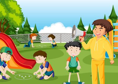 Misket oynayan çocukların olduğu açık hava parkı