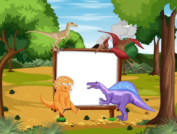 Escena Con Dinosaurios Pizarra Ilustración Del Bosque — Archivo Imágenes Vectoriales