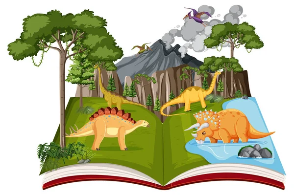 Book with scene of dinosaurs by the river illustration