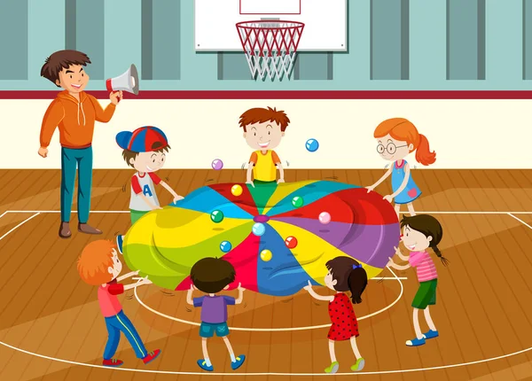 Niños Haciendo Actividad Física Con Bolas Colores Ilustración — Vector de stock