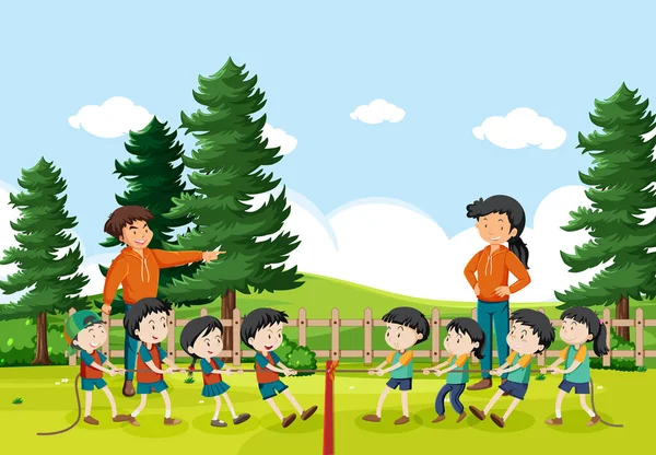 Niños Jugando Tira Afloja Juego Ilustración — Vector de stock