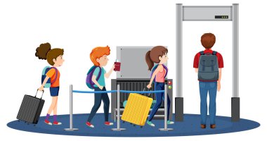 Yolcular giriş kapısı illüstrasyonuna giden kuyrukta yürüyorlar.