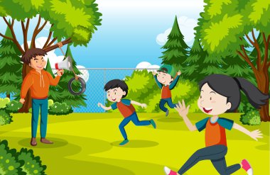 Fiziksel aktivite illüstrasyonu yapan çocuklar